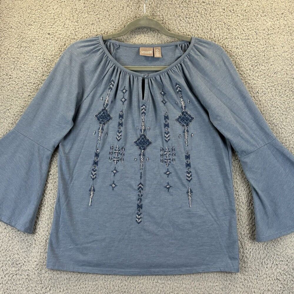 Chicos Embroidered Top Small Boho Beachy Bell Sleeve Keyhole Sequin Shirt Size 0